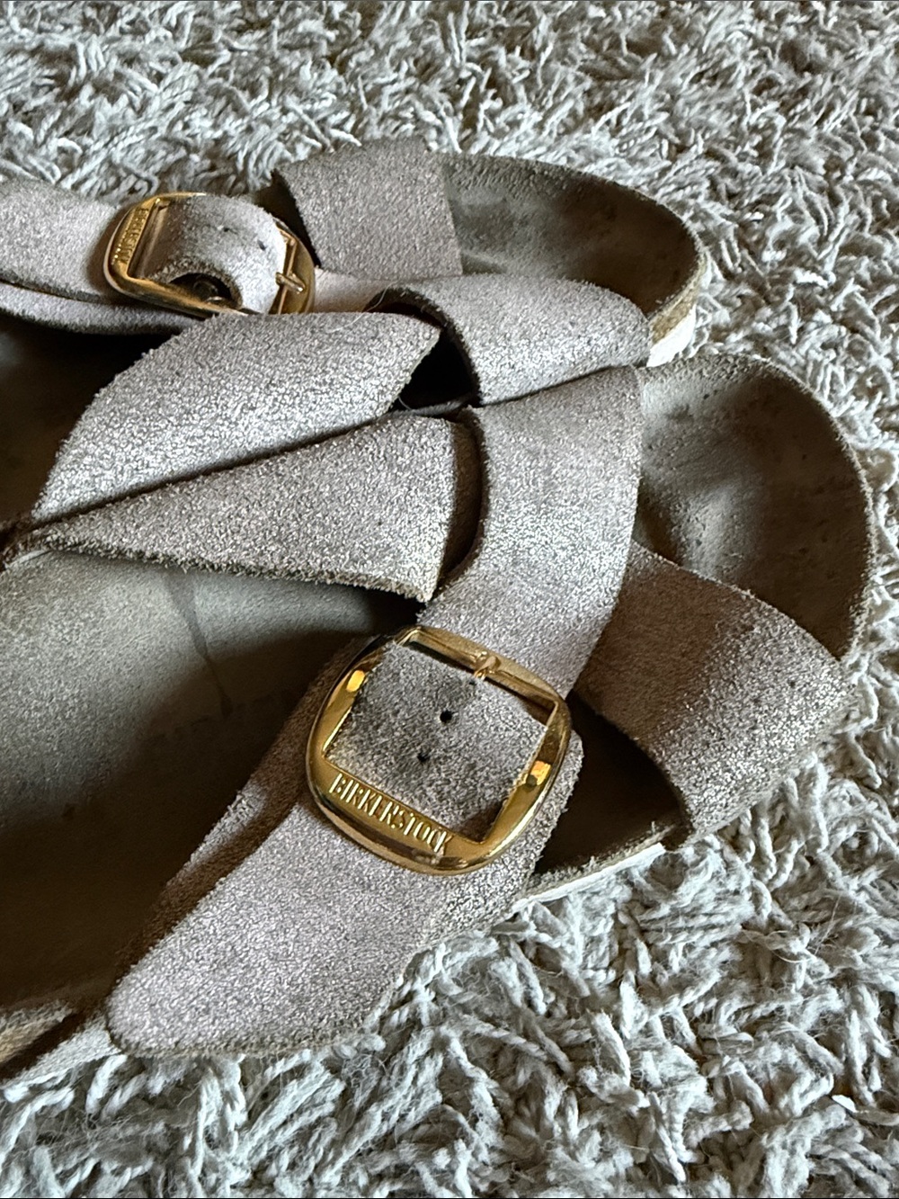 Birkenstock Suede Cross-Band Sandals in Light Metallic Taupe with Gold Buckles - Picture 4 of 4